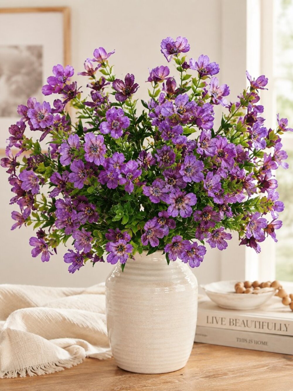 New Set of 3 Artificial Purple Flowers Green Leaves Home Decor